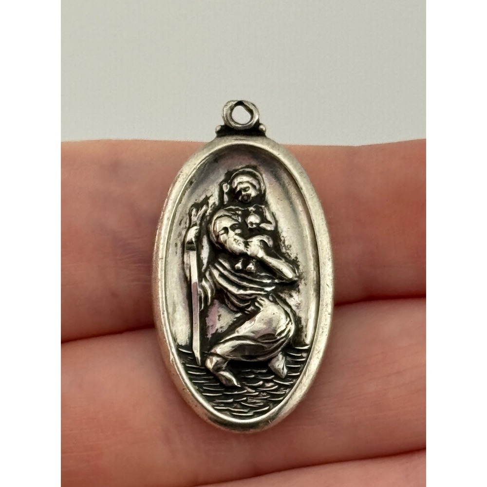 Vintage Theda Sterling Silver Saint St Christopher Medal Pendant Oval Shape
